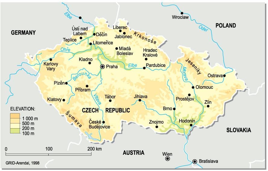 Mapa de elevación de la república checa